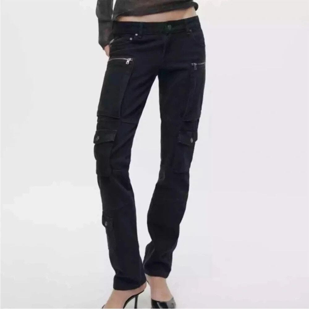 ZARA Slim Cargo JEANS Black GOTH GRUNGE PUNK 90s Size 0 Mid Rise XS NWT